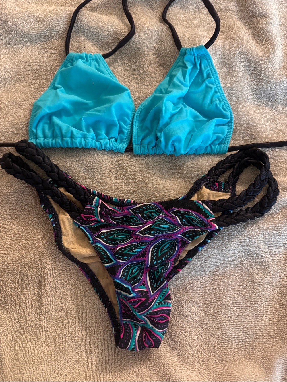 Turquoise Triangle Bikini Top with Patterned Braided-Side Bottoms